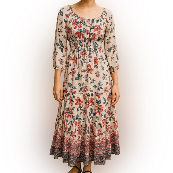 Anthropologie Dresses & Skirts - Fig & Flower Floral Block Print Vero Off the Shoulder Smocked Waist Maxi Dress